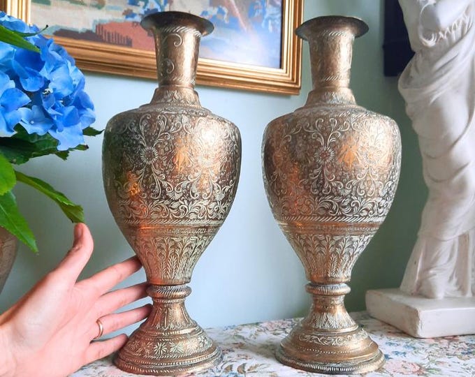 Large Pair Of Truly Antique Indian Brass Vases With Figural And Floral Hand-Engraved Decoration 14.5'' Tall