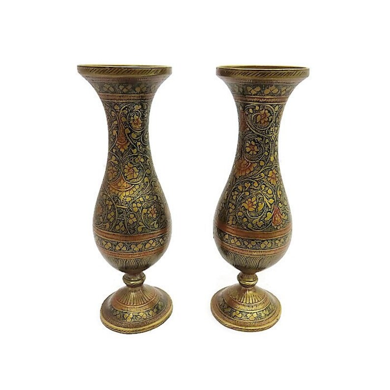 Vintage Indian Pair Of Enamel Brass Vases Indian Brass Vases Etsy
