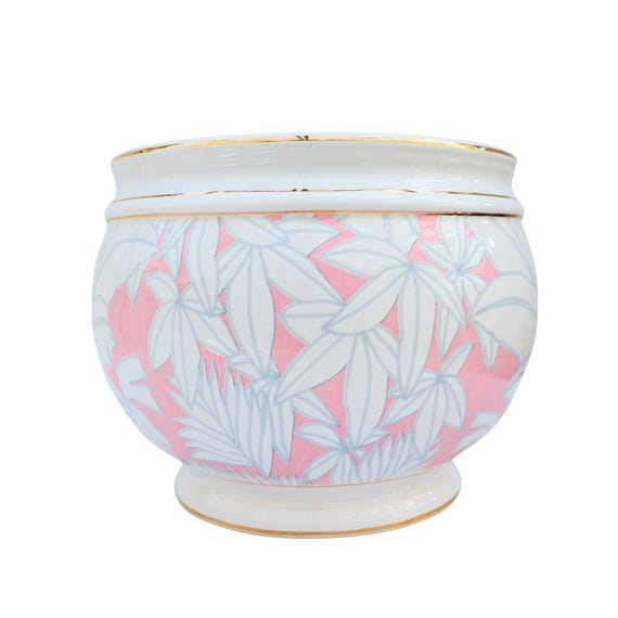 Large Capodimonte Ceramic Planter With Exotic Plants Decoration Made in Italy, 80's Art Deco Revival Plant Pot In Pink And White