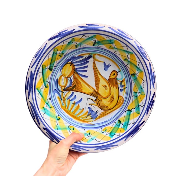 Large Hand-Painted Spanish Pottery Bowl: Large Lebrillo Bird Design
