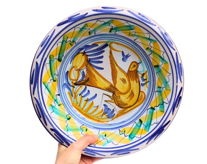 Large Hand-Painted Spanish Pottery Bowl: Large Lebrillo Bird Design