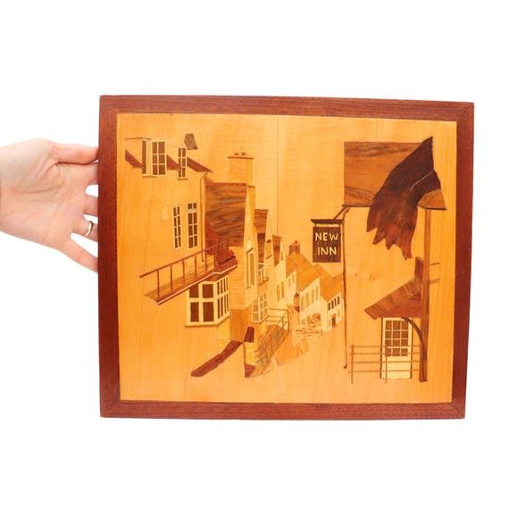 Handcrafted Mid Century English New Inn Wooden Inlay Marquetry Picture Artwork