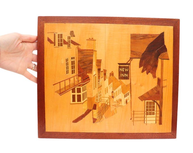 Handcrafted Mid Century English New Inn Wooden Inlay Marquetry Picture Artwork