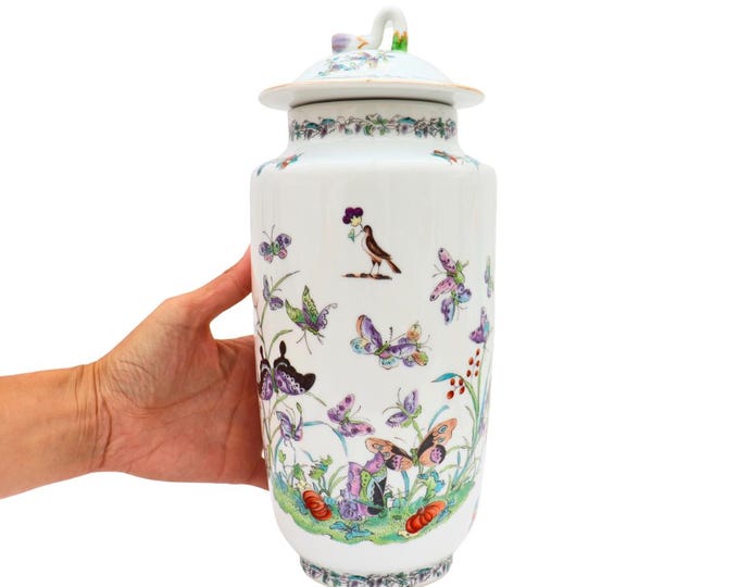 Large Aichi Seto Japan Ginger Jar Butterflies and Pumpkins Decoration H 12.5''