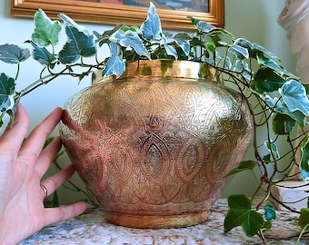 Large Antique Cairo Ware Damascus Brass  Silver Copper Inlay Jardiniere With Geometric Patterns