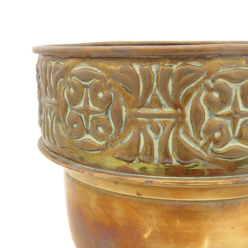 Vintage Brass Planter with Embossed Floral Design 7''H Made In England