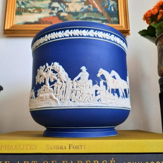 Antique Adams Pottery Staffordshire Jasperware Planter With Hunting Dogs and Horses Scenes And Neoclassical Border Of Leaves H 7.7''