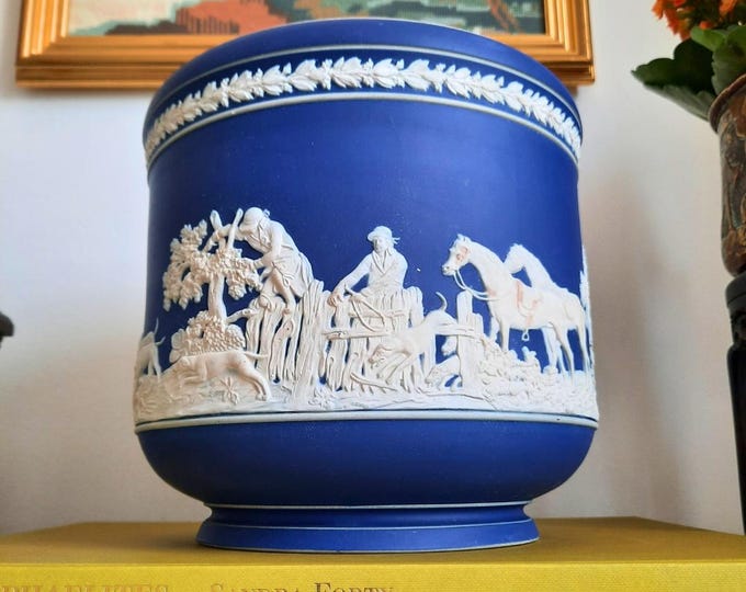 Antique Adams Pottery Jasperware Planter: Staffordshire Hunting Scene, 1860s