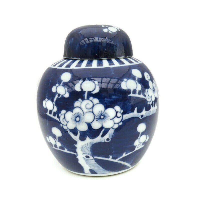 Vintage Blue and White Ginger Jar H 6'' , Chinese Prunus Vase, Blue