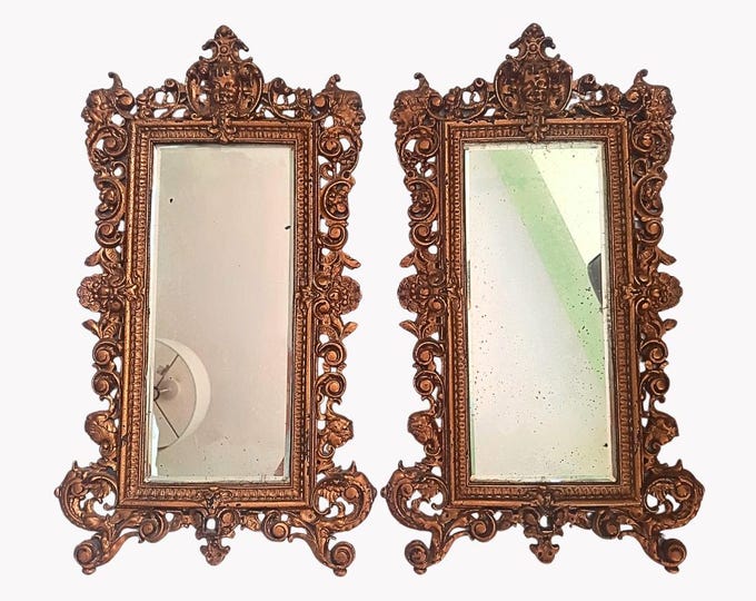 Truly Antique Pair Of Victorian Gilt Cast Iron Wall Mirror Rococo Baroque Style Cherub PAIR 1893