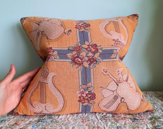 Vintage J Pansu Style Decorative Pillow With Lyra Instrument Pattern, French Country Yellow Blue Muted Tones