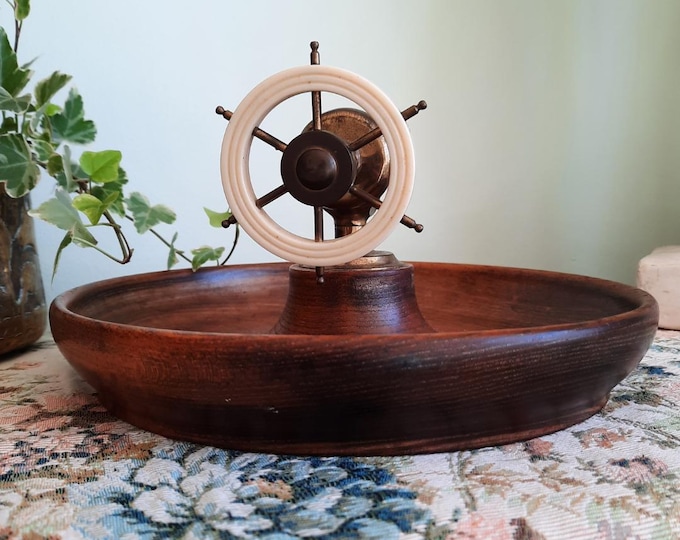 Old English Nautical Ivorine Bakelite Wheel Novelty Nutcracker Oak Wooden Bowl C 1940's
