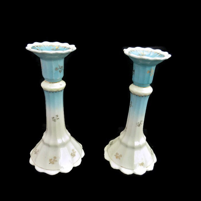 Antique Blue and White Ceramic Candle Holders .Victorian Porcelain