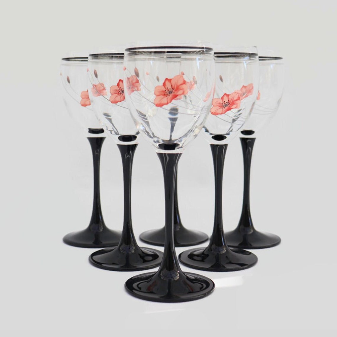 6 Luminarc France Wine Glasses With Black Stem and Poppies Etsy UK