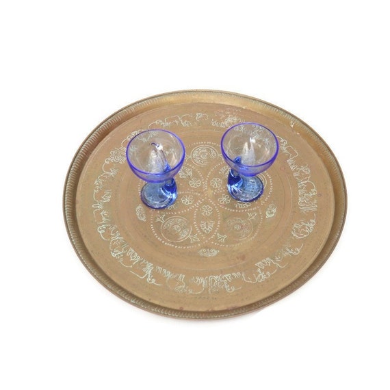 Large Antique Middle Eastern Hand Engraved Brass Serving Tray With A Geometrical and Animal Design D 22.7 ''