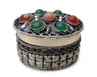 Etruscan Style Small Trinket Box with Blown Glass Cabochons.