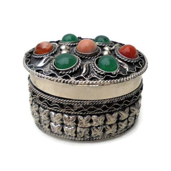 Etruscan Style Small Trinket Box with Blown Glass Cabochons.