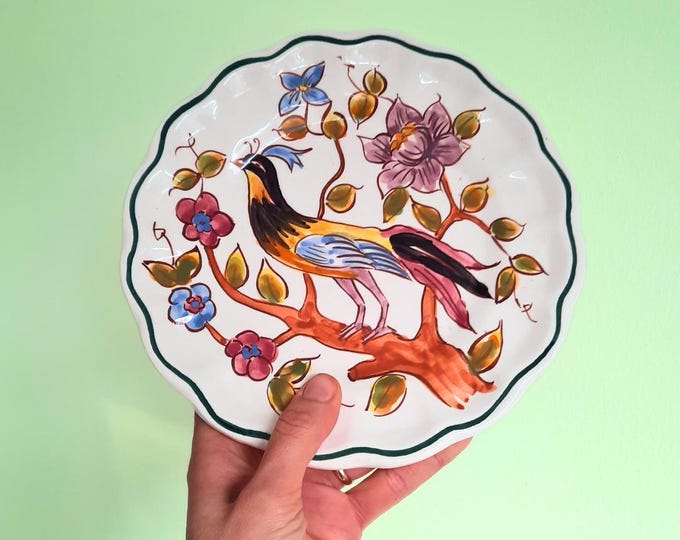 Vintage Spanish Hand Painted Wall Plate With Bird and Floral Decoration D 8.5''