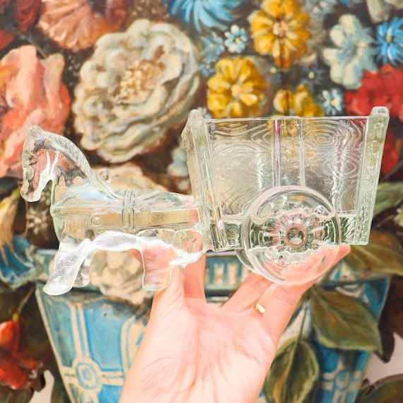 Mid Century Larger Version Clear Glass Donkey & Cart Candy Bowl By Jeanette Glass Co USA, 50's Horse and Cart Figure