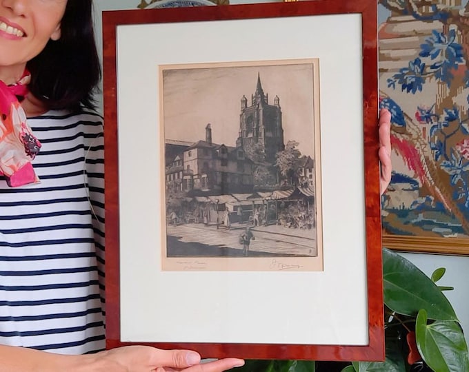 Antique Wooden Framed Authentic Etching Of Market Place In Norwich By Henry James Starling