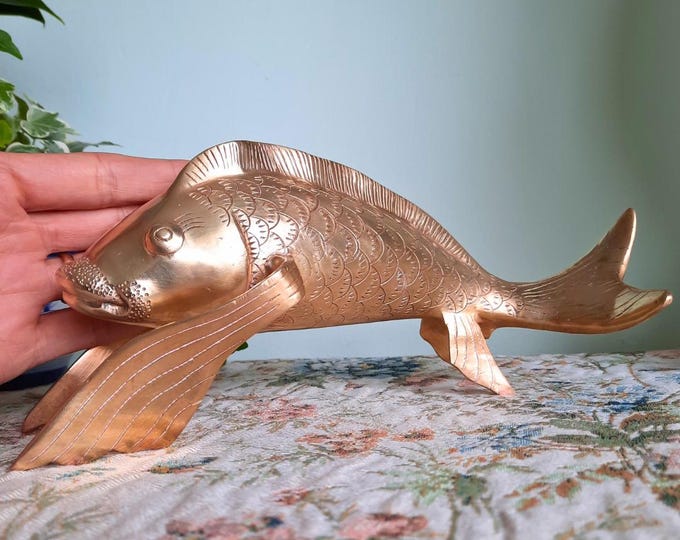 Large Mid-Century Korean Solid Brass Koi Fish Sculpture Life Size 10in Long