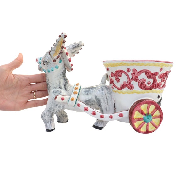 Large Mid Century Italian Pottery Donkey and Cart Planter by Fratelli Fanciullacci, Retro Italian Pottery Planter