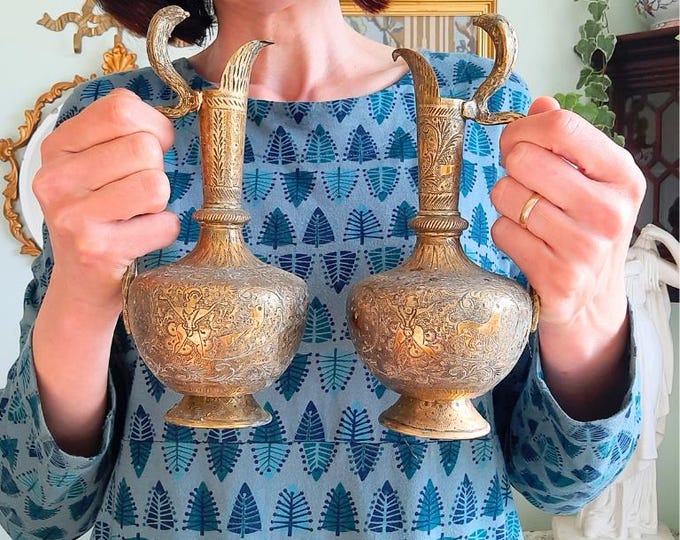 Antique Indian Brass Jugs With Engraved Animal and Foliate Decoration and Cobra Head's Handles 8.7'' Tall