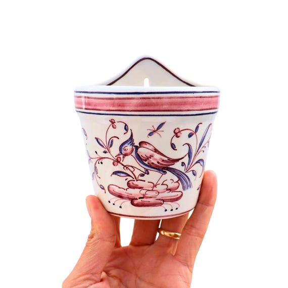 Vintage Small Portuguese Pottery Hand Painted Bird Wall Pocket By Outeiro Agueda