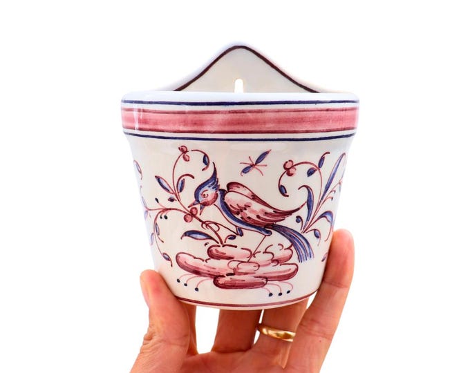 Vintage Small Portuguese Pottery Hand Painted Bird Wall Pocket By Outeiro Agueda