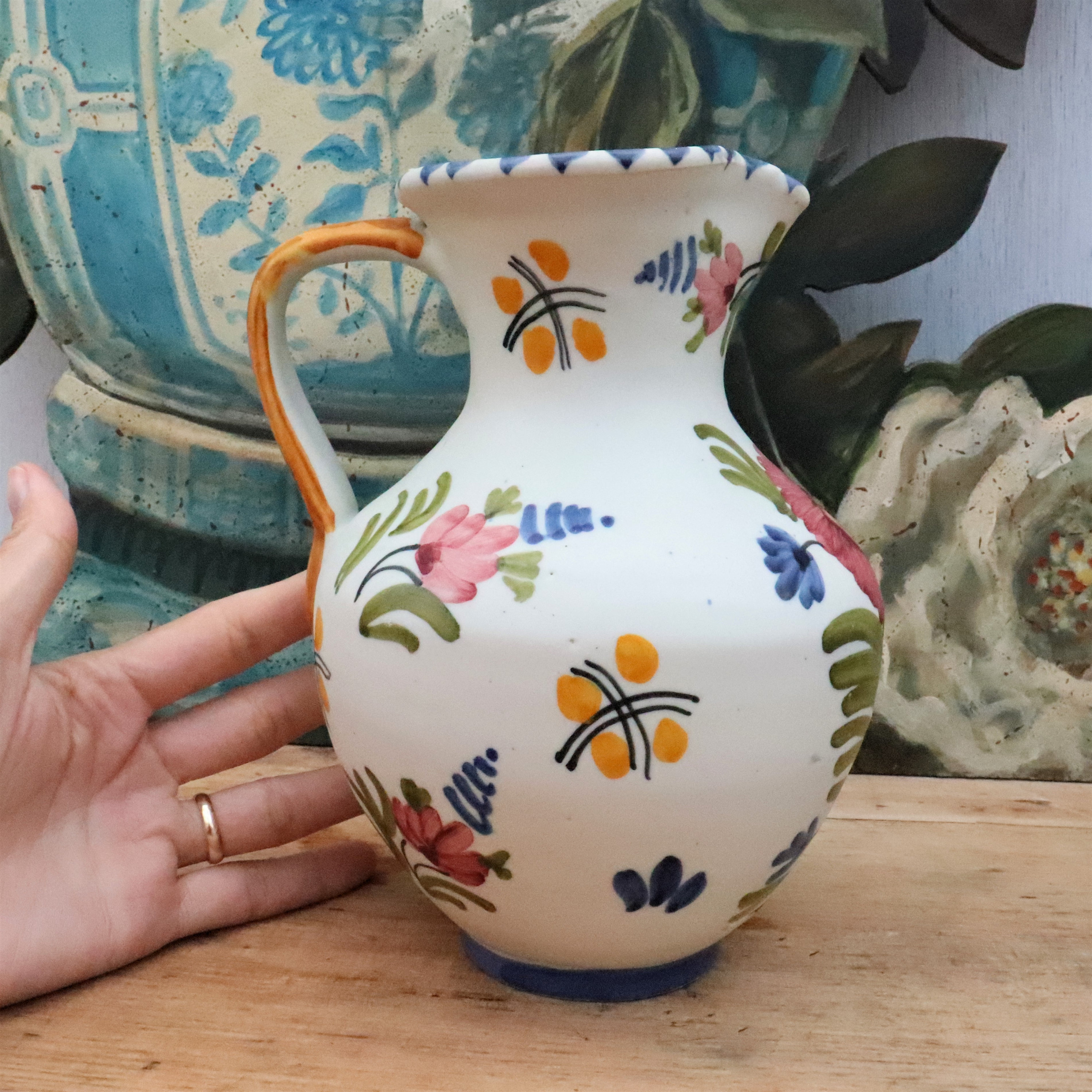 Spanish Talavera Hand Painted Stoneware Pitcher Jug With Floral