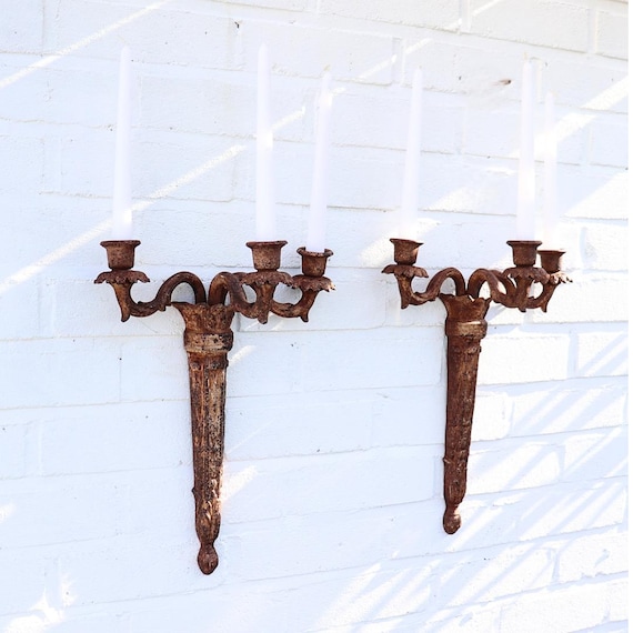 Empire Style French Cast Iron Wall Candle Sconces with 3 Arms PAIR. Distressed Wall Sconces