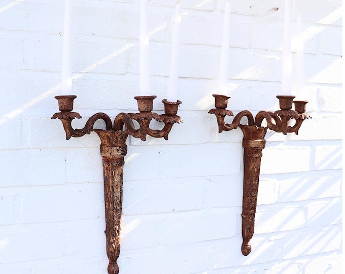 Empire Style Cast Iron Wall Sconces: French 3-Arm Candle Holder PAIR