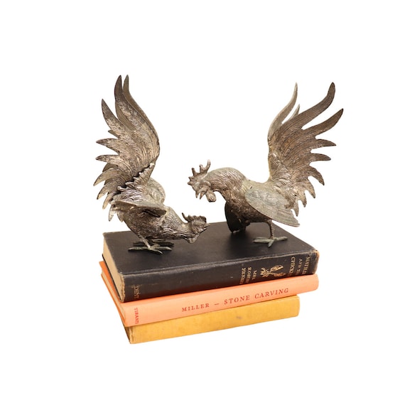 Large Mid Century Italian Pair of White Metal Fighting Roosters Statuettes Figurines