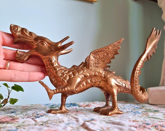 Vintage Large Solid Cast Brass Dragon Ornament Figurine Desk Decor Welsh Dragon