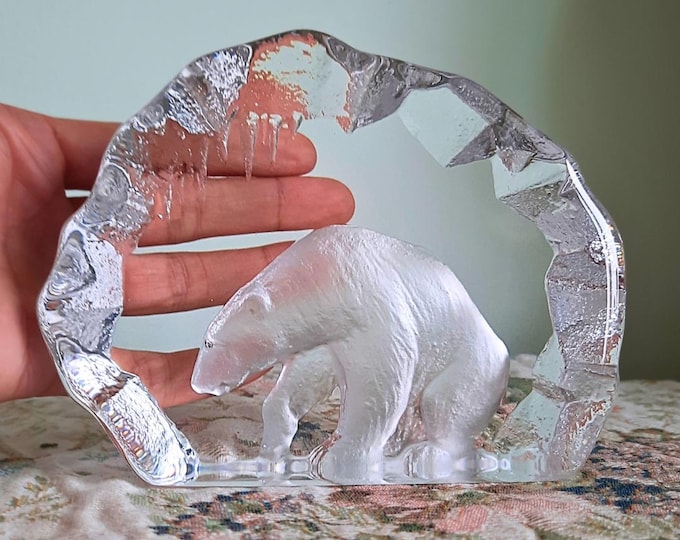 Mid Century Swedish Art Glass Polar Bear Paperweight Sculpture (4.5'' Tall)