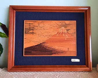 Mid Century Japanese HAKONE MOKUZOGAN Mt. FUJI Wood Inlay Art