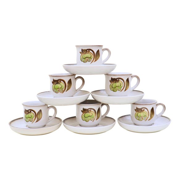 6 Mid Century coffee cups and saucers by Denby  Troubador Patttern C 1970's, Retro Stoneware cottage core coffee cups and saucers