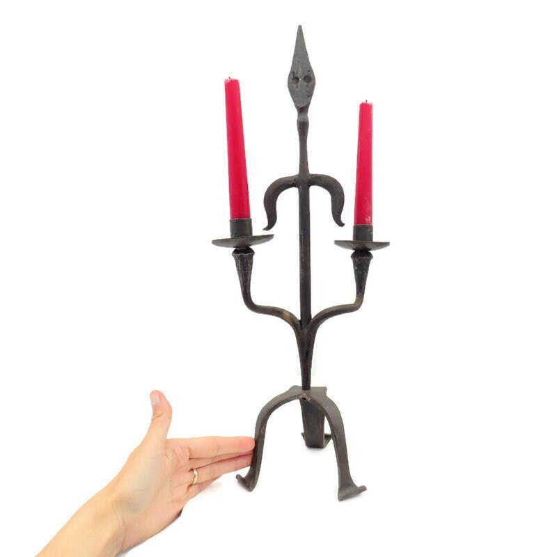 French Black Wrought Iron 2 Arms Candelabra .Medieval Rustic Candelabra