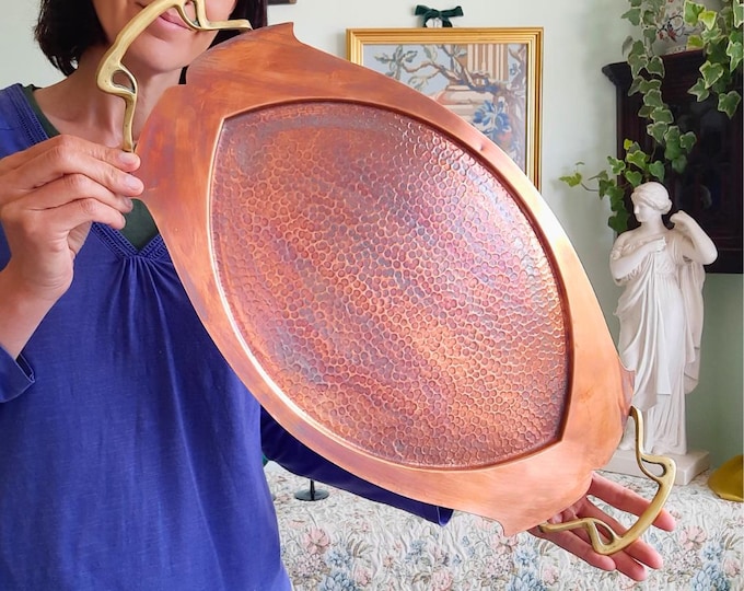 Large Antique Art Nouveau Hammered Copper Tray with Brass Handles C 1890's To 1910's.