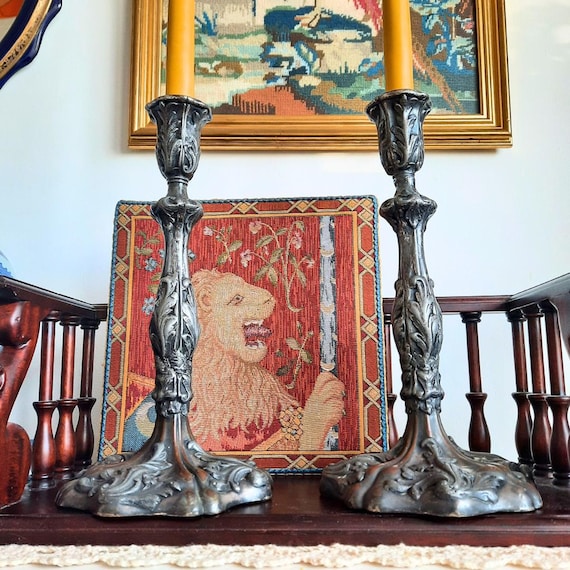 Antique Georgian Period Rococo Revival Copper And Silver Plated Candlesticks Holders Pair 8.2'' Tall