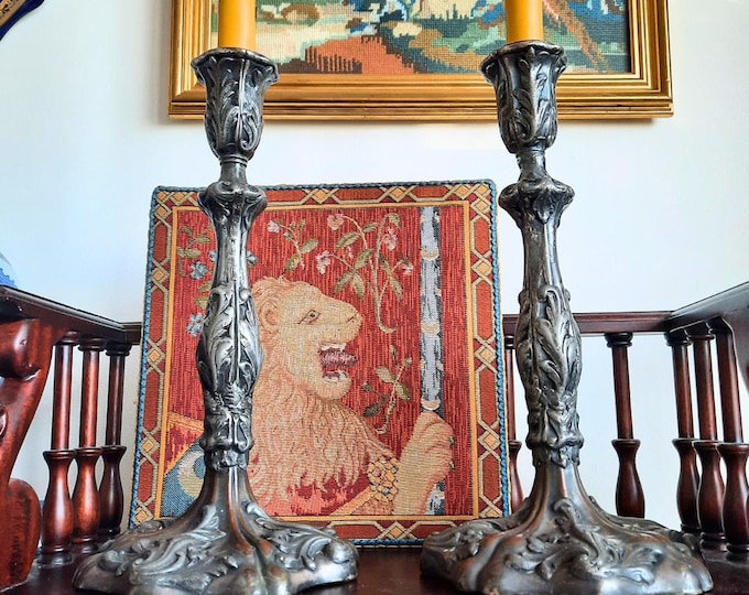 Antique Georgian Period Rococo Revival Copper And Silver Plated Candlesticks Holders Pair 8.2'' Tall