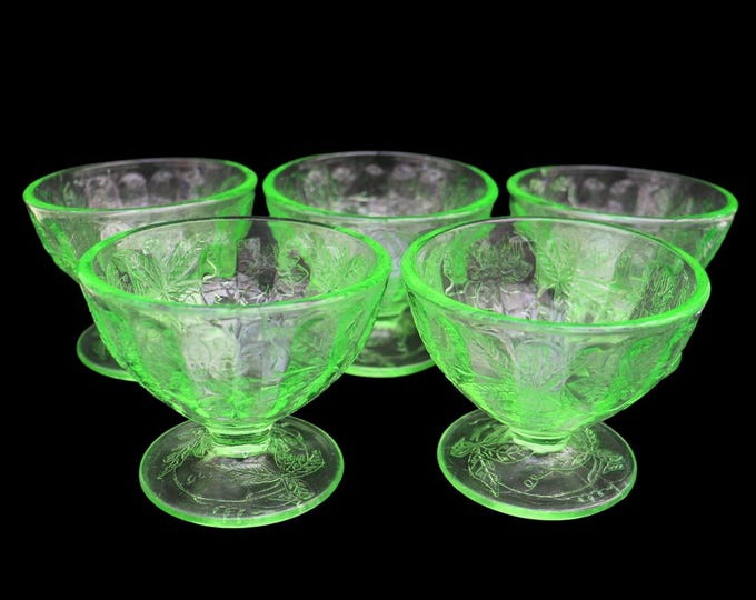 5 Art Deco Period Green Floral Poinsettia Sherbets By Jeanette Glass Uranium Glass