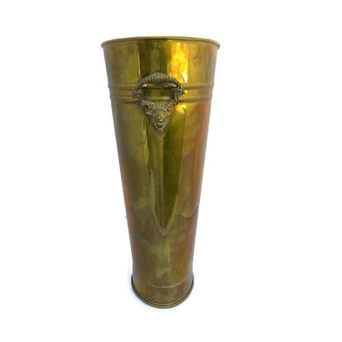 Brass Umbrella Stand by With Lion's Heads To Each Side,England.Vintage