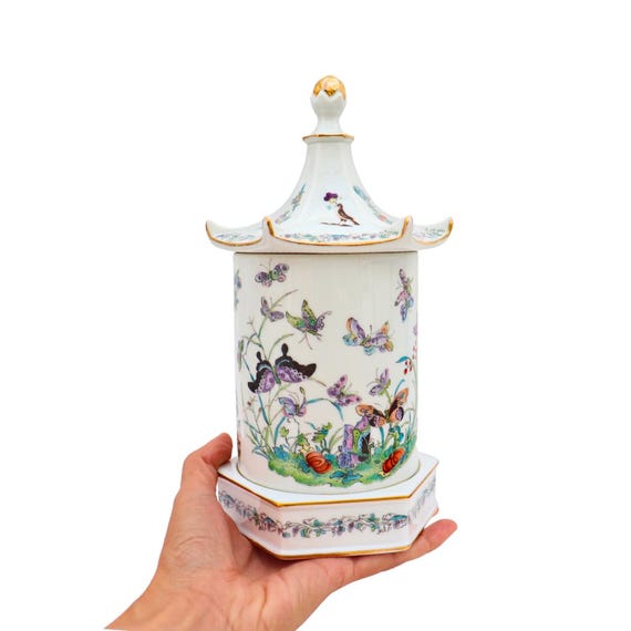 Vintage Aichi Seto Japan Lidded Jar Shaped Like A Pagoda With Butterflies and Pumpkins Decoration H 10.5''