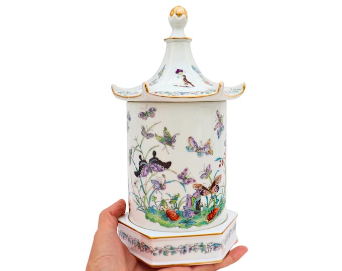 Vintage Aichi Seto Japan Lidded Jar Shaped Like A Pagoda With Butterflies and Pumpkins Decoration H 10.5''