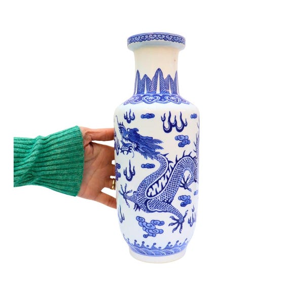 Large Chinese Ceramic Blue And White Vase With Dragon Chasing Flame Decoration H 12.2''