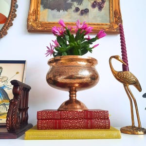 May include: A brass planter with an ornate design holds a pink flowering cactus plant. The planter sits on top of two red books with gold lettering. A gold metal crane figurine stands on a yellow surface.