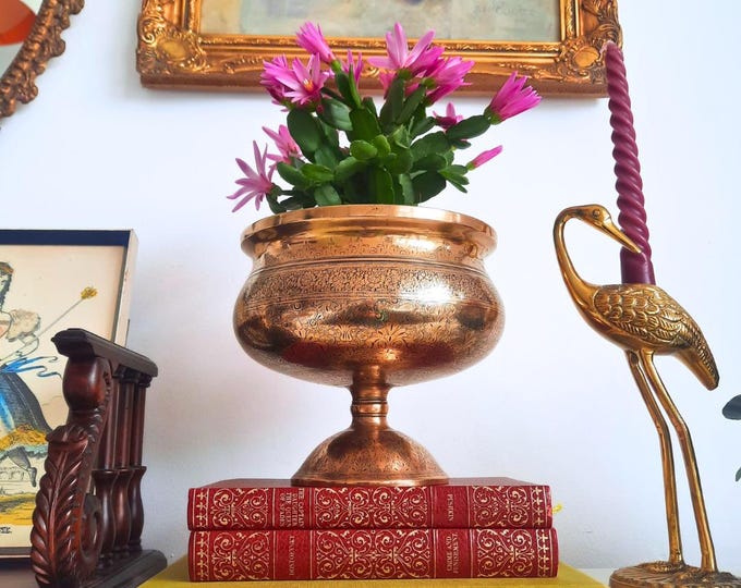 Mid-Century Indian Brass Pedestal Planter Engraved Decoration Tall 6.7