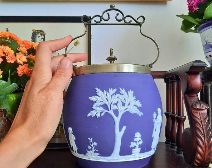 Antique Wedgwood Jasperware Biscuit Barrel: Neoclassical Blue & White, 19th Century