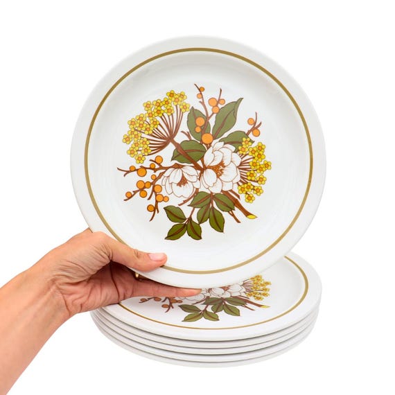 6 Mid Century Floral Dinner Plates by Midwinter Meadowsweet Pattern C 1970's 10.5'' Diameter, Autumn Dinnerware